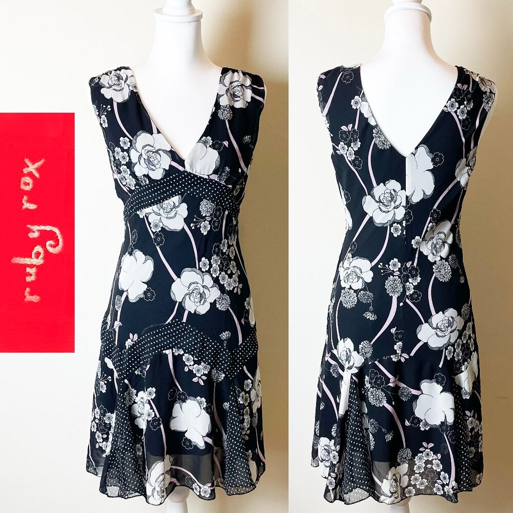 Ruby Rox Black Mini Dress | White Floral & Polka Dot Pattern | Size L | EUC